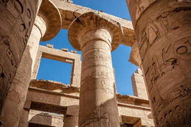 Karnak tapınağında hiyeroglifli farklı sütunlar. Karnak tapınağı eski Mısır 'daki en büyük kompleks..