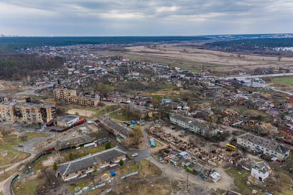 Luftudsigten Ødelagte Brændte Bygninger Bygningerne Blev Ødelagt Russiske Raketter Miner - Stock-foto