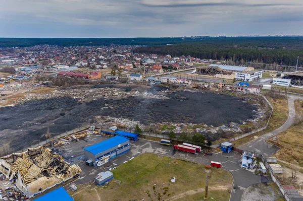 Aerial View Destroyed Burnt Buildings Buildings Were Destroyed Russian Rockets — Photo