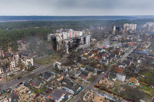 Luftudsigten Ødelagte Brændte Bygninger Bygningerne Blev Ødelagt Russiske Raketter Miner Royaltyfrie stock-billeder