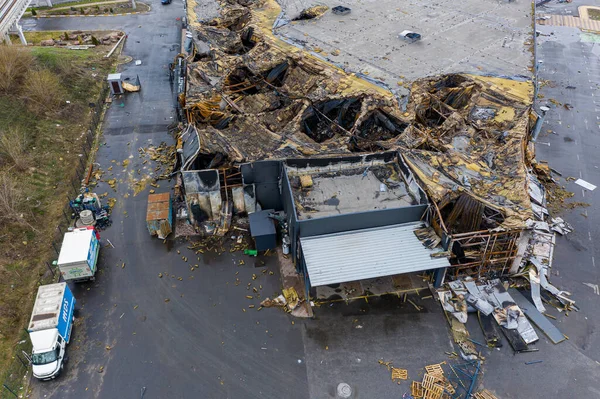 Aerial View Destroyed Supermarket Roof Supermarket Hit Rockets Mines — Photo