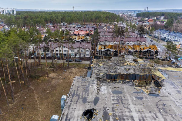 Hostomel Kyev Region Ukraine 2022 Aerial View Destroyed Supermarket Roof - Stock-foto