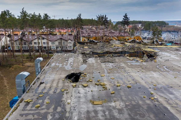 Hostomel Kyev Region Ukraine 2022 Aerial View Destroyed Supermarket Roof — Photo