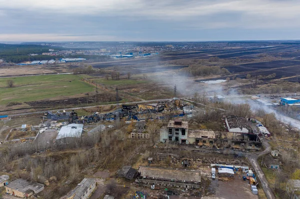 Gostomel Kyev Regionen Ukraine 2022 Luftudsigten Ødelagte Brændte Bygninger Bygningerne - Stock-foto