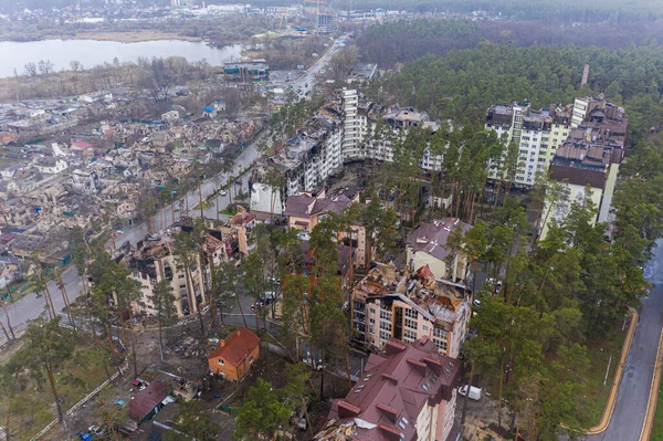 Irpin Kyev Region Ukraine 2022 Aerial View Destroyed Burnt Buildings 스톡 이미지