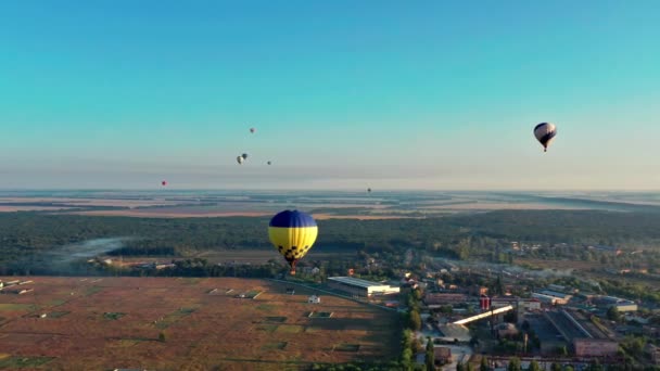 Bunte Luftballons Fliegen Über Bäume Schöne Sicht Von Oben Auf — Stockvideo