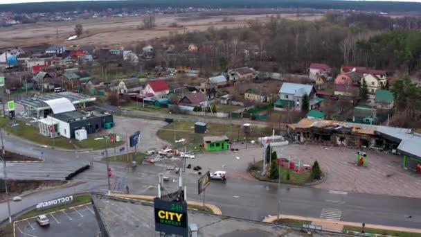 Hostomel Kyev Regionen Ukraina 2022 Flygfoto Bensinstationer Och Andra Byggnader — Stockvideo