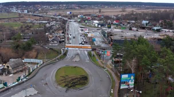 Hostomel Kyev Regionen Ukraina 2022 Flygfoto Förstörda Och Brända Hus — Stockvideo