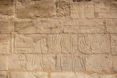 Karnak tapınağındaki duvarlarda ve sütunlarda farklı hiyeroglifler var. Karnak tapınağı eski Mısır 'daki en büyük kompleks..