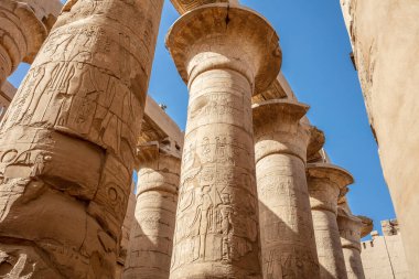 Karnak tapınağındaki duvarlarda ve sütunlarda farklı hiyeroglifler var. Karnak tapınağı eski Mısır 'daki en büyük kompleks..