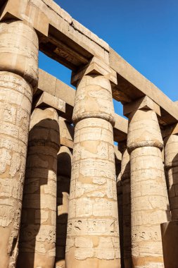 Karnak tapınağındaki duvarlarda ve sütunlarda farklı hiyeroglifler var. Karnak tapınağı eski Mısır 'daki en büyük kompleks..
