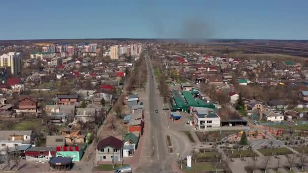 Hostomel Kyev Bölgesi Ukrayna 2022 Yıkılmış Yanmış Evlerin Havadan Görünüşü — Stok video