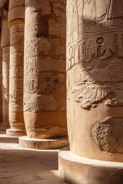 Karnak tapınağındaki duvarlarda ve sütunlarda farklı hiyeroglifler var. Karnak tapınağı eski Mısır 'daki en büyük kompleks..