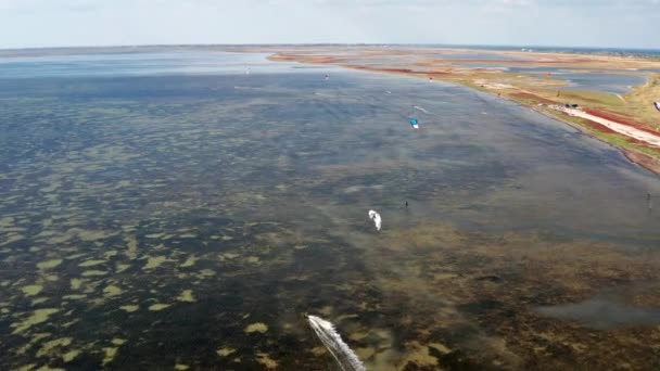 People Kitesurfing Sea Wind Carries Athlete Sea Waves Multicolored Parachutes — Stock Video