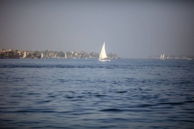 Luxor, Egypt - January 17, 2019: Beautiful fishing and pleasure boats on the Nile in Luxor. Beautiful river and reflections of boats in the water. Clear, sunny day.