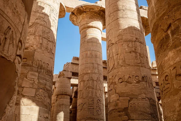 Different Hieroglyphs Walls Columns Karnak Temple Karnak Temple Largest Complex — стоковое фото