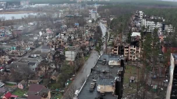 Luchtfoto Van Verwoeste Verbrande Huizen Huizen Werden Vernietigd Door Raketten — Stockvideo