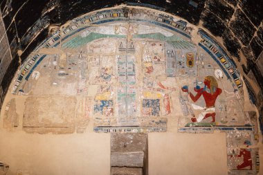 Beautiful mural, hieroglyphs inside the temple of Hatshepsut. Jeser-Jeseru is a masterpiece of ancient Egyptian architecture.