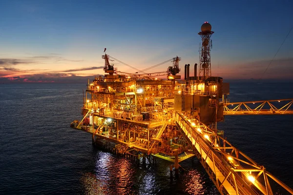 Offshore Construction Platform Exororation Production Oil Gas Bridge Evening Time Stock Photo