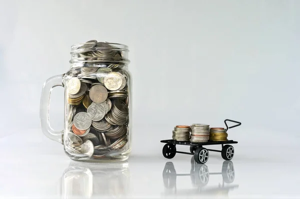 Coins Glass Jar Coins Cart White Background Saving Investment Concept — Stock Photo, Image