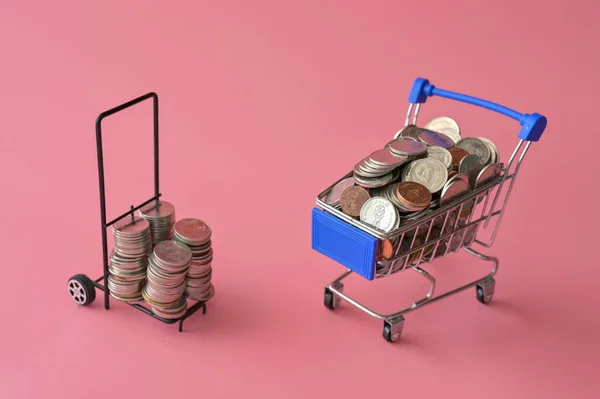 Many Coins Two Shopping Carts Isolated Pink Background Copy Space Stock Photo