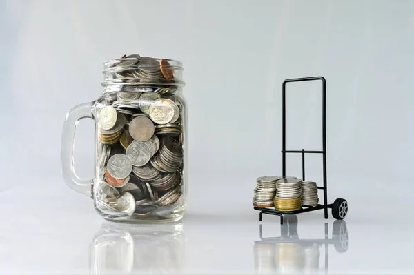 Coins Classic Glass Jar Coins Cart White Background Saving Investment — Stockfoto