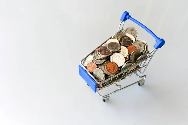 Many Coins Blue Shopping Cart Isolated White Background Copy Space — Stock Photo, Image