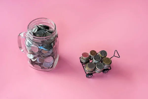 Coins Classic Glass Jar Coins Cart Pink Background Saving Investment — Stockfoto