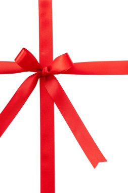Kırmızı kurdele, beyaz arka planda izole edilmiş, Noel hediyesi, saten kıvırcık süslemeli. Valentine, tatil hediyesi tasarım öğesi, üst görünüm.