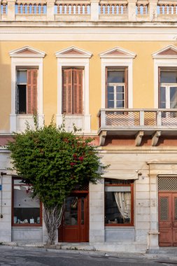 Geleneksel neoklasik yapı ve bougainvillea, güneşli yaz günü Yunanistan 'ın Siros adası Cyclades' in zemin katındaki Ermoupoli başkentinde dükkanın önünde kırmızı çiçeklerle çiçek açıyor. Dikey
