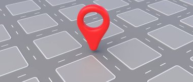 Şehir haritasında konum belirleyici, navigasyon GPS konsepti. Kırmızı işaret, izometrik şehir blokları harita arkaplanındaki yer belirleme noktası. 3d illüstrasyon