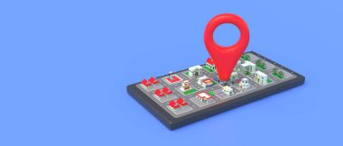 Harita işaretleyici konumu kırmızı renk iğnesi. Akıllı telefon ekranında, mavi arka planda. Navigasyon, GPS cep telefonu uygulama konsepti, kopyalama alanı, şablon. 3d illüstrasyon