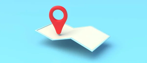 Minimal paper map and red navigator locator position point on blue color background. Map and pin pointer location, search travel navigation GPS concept. 3d illustratio