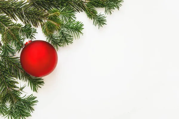 Kerstboom Rode Bal Verse Sparren Takje Witte Achtergrond Lege Ruimte — Stockfoto