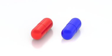 Sağlık sigortası konsepti. Beyaz arka planda izole edilmiş kırmızı ve mavi haplar. Hasta tedavisi için ilaç kapsülleri. Vitaminler, bitkisel terapi, plasebo ilaçlar, reçeteli ilaçlar. 3d illüstrasyon