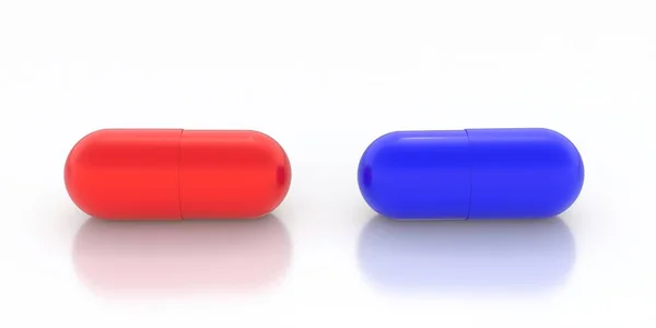 Tabletki Leczenie Pacjentów Dwie Kapsułki Czerwone Niebieskie Pozycji Poziomej Izolowane — Zdjęcie stockowe