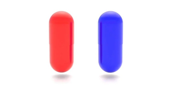 两种胶囊在垂直位置上呈红色和蓝色 在白色背景上隔离 治疗病人的药丸 维生素片草药治疗安慰剂药物处方药用量 3D说明 — 图库照片
