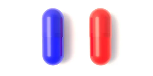 治疗病人的药物疗法概念 两种胶囊在垂直位置上呈红色和蓝色 在白色背景上隔离 维生素片 草药疗法安慰剂 靠近前面的视野 3D说明 — 图库照片