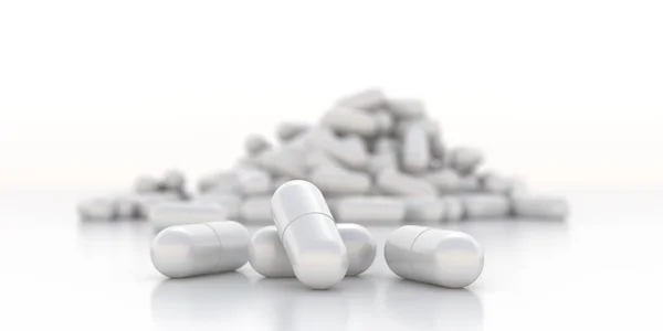 ポリ医薬品の概念 白い背景にカプセルの4つの白い錠剤とぼやけた山 化学薬品のヒープビタミンタブレットハーブ療法プラセボ抗生物質抗うつ薬 正面図 3Dイラスト — ストック写真
