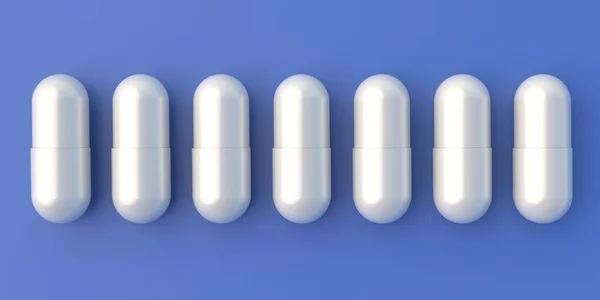 药物药物概念 白色药丸排成一排 蓝色背景隔离 保健与胶囊维生素片草药治疗安慰剂处方药 靠近前面的视野 3D说明 — 图库照片