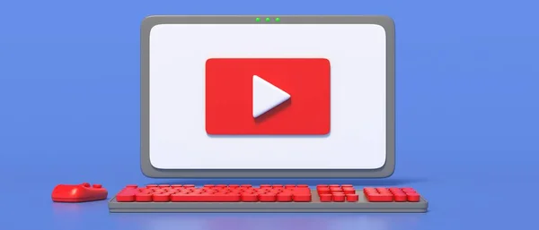 Video Player Arrow Sign Minimal Desktop Computer Screen Blue Background — Stock Photo, Image