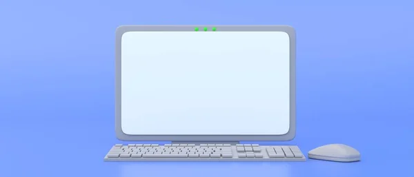 Computador Mesa Mínimo Tela Vazia Branco Teclado Mouse Fundo Azul — Fotografia de Stock
