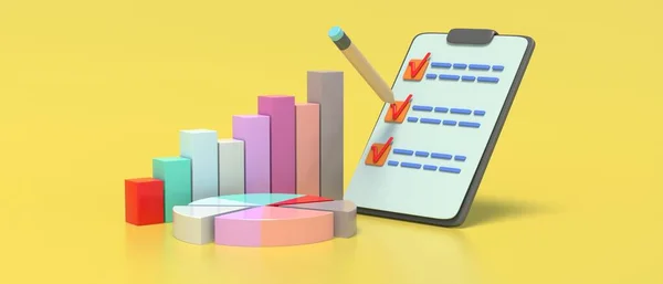 Analisi Finanziaria Aziendale Attività Checklist Grafici Barre Sfondo Giallo Segni — Foto Stock