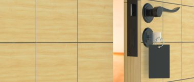 Anahtar deliğinde boş etiketli kapı anahtarı. Anahtarlık, oda anahtarı ve mesaj veya numara için boş siyah etiket. Ev, otel ya da motel odası açık, kilidi aç. 3d illüstrasyon