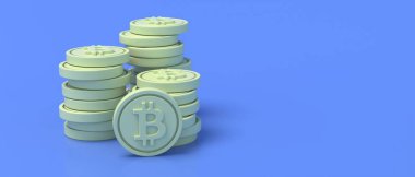 Bitcoin, btc. Mavi arka planda kripto para birimi çok az bozuk para var. Engelleme teknolojisi, madencilik konsepti, kopyalama alanı, afiş. 3d illüstrasyon