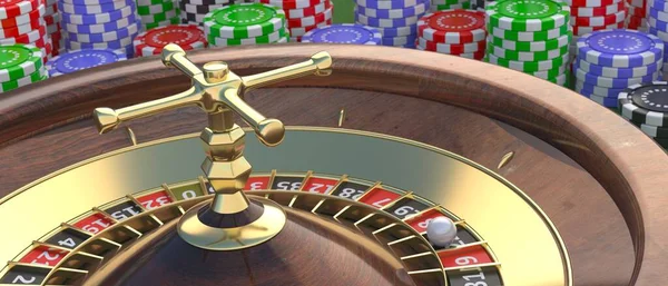 Casino Roulette Gouden Spinnewiel Kleurrijke Chips Gestapeld Tafel Gokken Gokken — Stockfoto