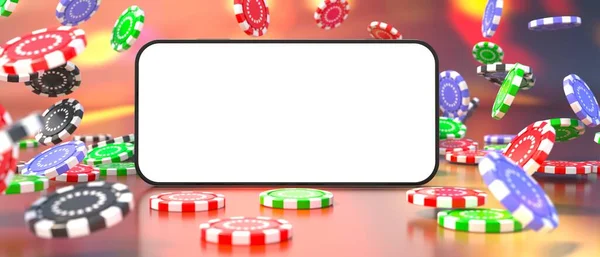 オンラインカジノのギャンブルと賭けの概念 空白の携帯電話の画面 落下ポーカーチップの背景 コピースペース テンプレート 3Dイラスト — ストック写真