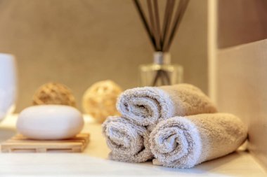 Tuvaletin iç kısmı. Temiz el havluları, sabun makinası ve beyaz lavabo lavabosu.