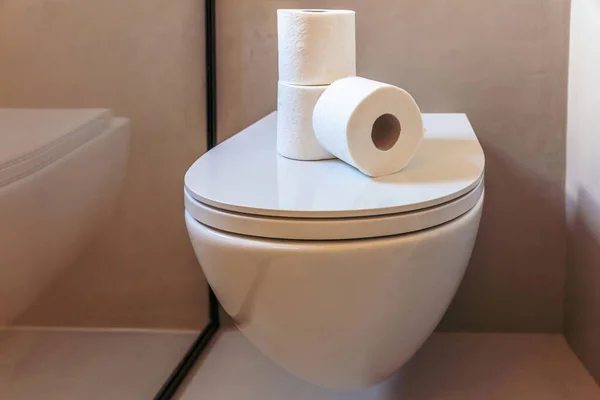 Tuvalet Kağıdı Ruloları Asılı Bir Klozet Kapağına Beyaz Peçete Yığılmış — Stok fotoğraf