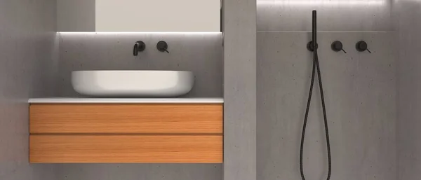 浴室内部现代最小设计 圆形的白色水池和黑色水龙头 反射镜和导引线光 淋浴器在灰色墙壁的背景上拍击 3D说明 — 图库照片